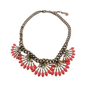 Stella & Dot Coral Orange Enamel Rhinestone Statement Necklace Gold Tone 17-21 "
